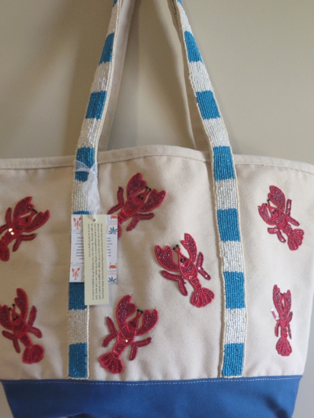 NWTS! Made In India VIRAL Canvas Tote Red Lobster Motif W/ Blue Accented Handles